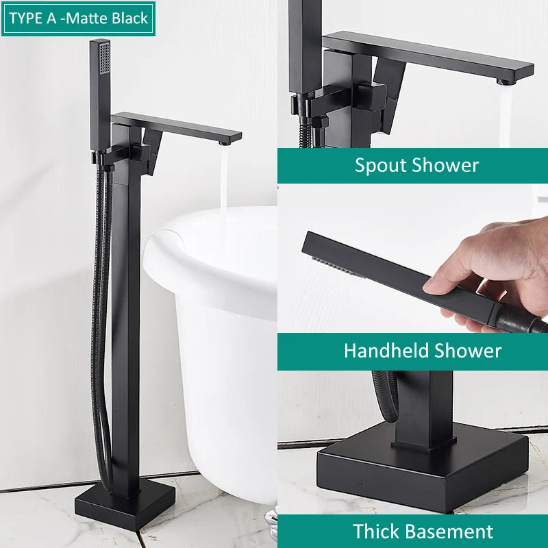 Quyanre Matte Black Square Bathtub Shower Faucets Floor Standing Faucet Hot Cold Water Shower Mixer Tap Bathroom Waterfall Mixer