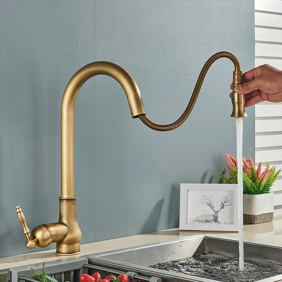 Uythner Antique Brass Kitchen Faucet Pull Out Kitchen Sink Water Taps Single Handle Mixer Tap 360 Rotation Cranes Deck Mounted