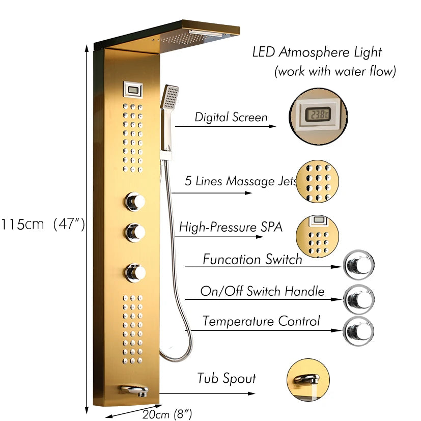 JIENI Brushed Nickel Wall Mounted Bathroom Shower Column 3 HandleS Hand Shower Tub Spout Massage System Bathtub Shower Panel