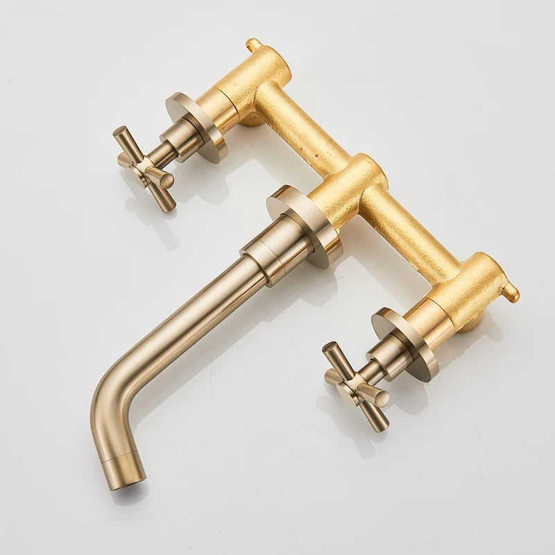 SHBSHAIMY Gold/Chrome Bathroom Basin Faucets Wall Mount Dual Handles Mixer Tap 360 Rotation Black Water Crane Tap Basin Mixer