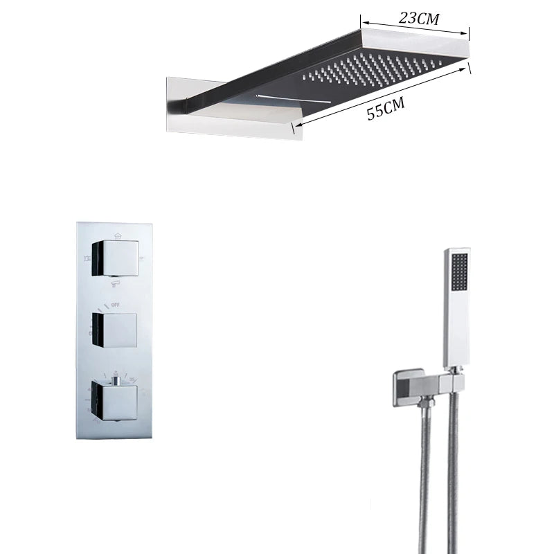 Black Thermostatic Shower Faucets Set Rain Waterfall Shower Head With 3/4-way Thermostatic Mixer Tap Bath Shower Faucet