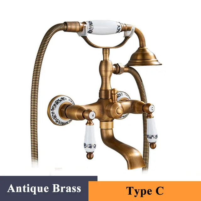 ULGKSD Antique Bronze Bathtub Shower Faucet W/ Brass Spray Wall Mount Hot and Cold Water Mixer Tap Para Bath Shower