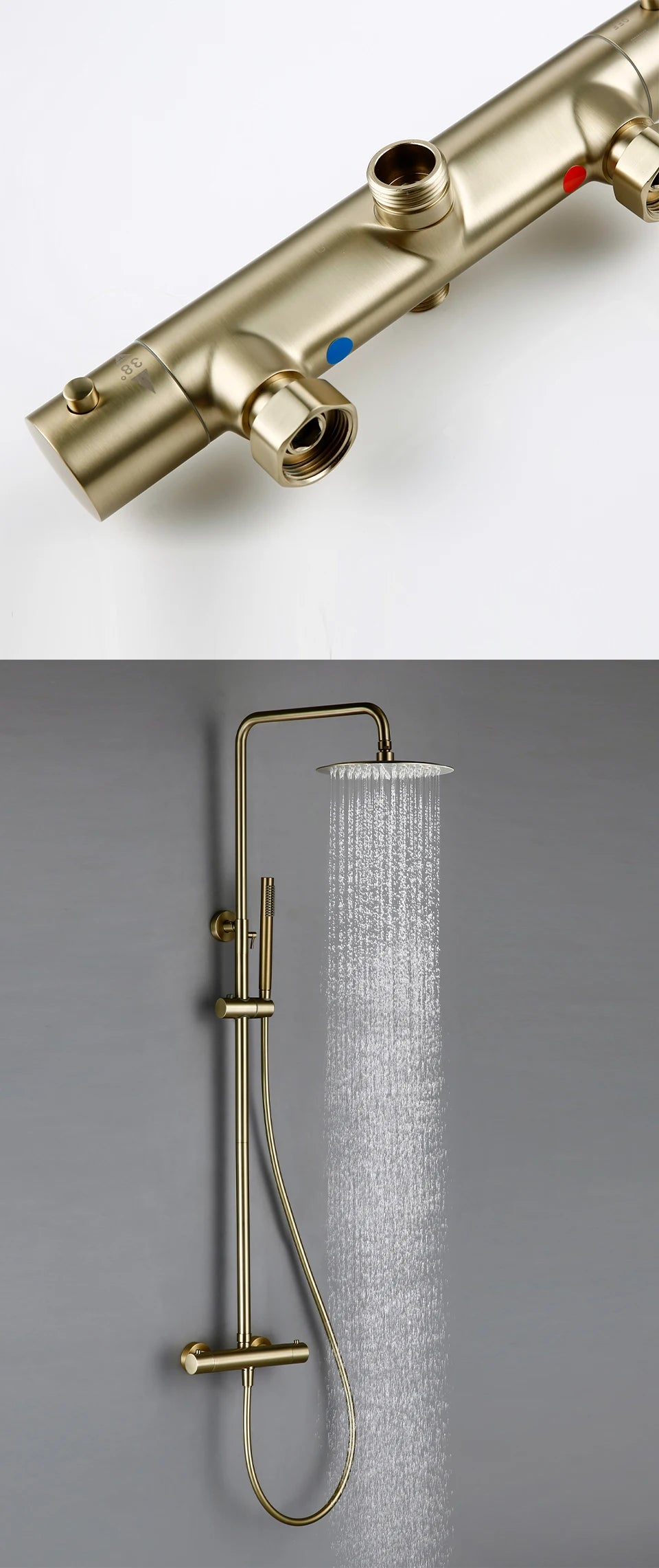 Shower System With Thermostatic Shower Faucet Thermostat Bathroom Mixer Tap Rain Head Wall-Mount Handheld Sprayer