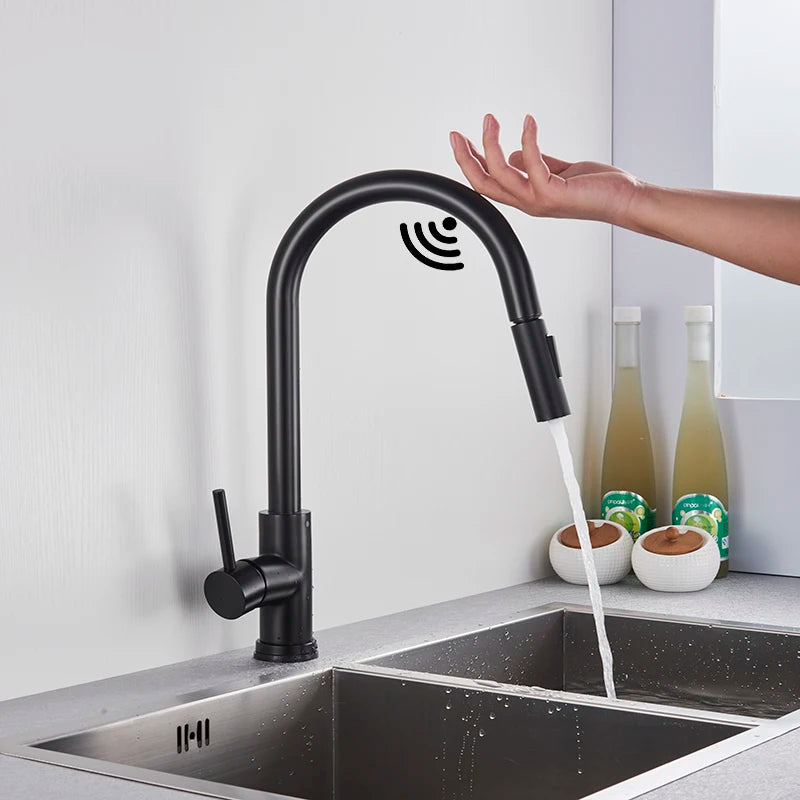 Brushed Smart Touch On Kitchen Faucet Sensor 360 Rotation Pull Out Single Handle Mixer Tap Two Water Modes Sink Crane Hot Cold