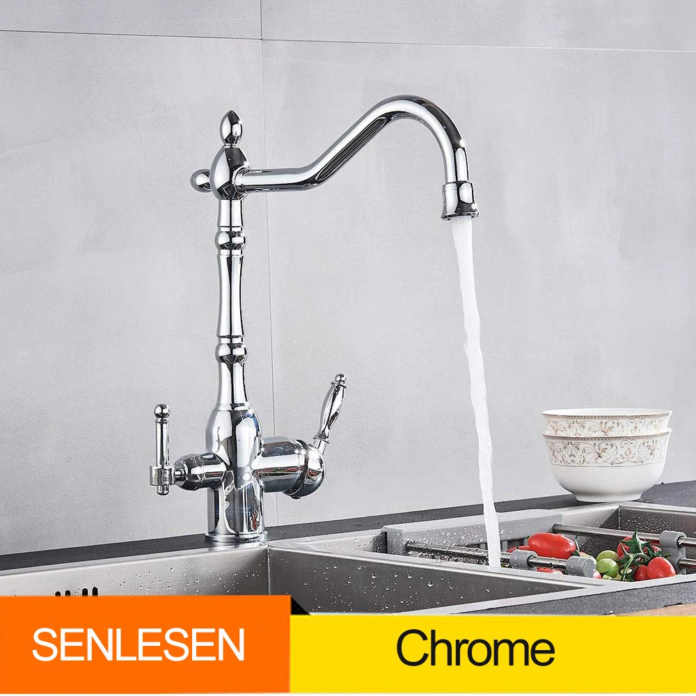 Golden Kitchen Filter Faucet Brass 360 Rotation Purification Kitchen Faucet Double Handle Dual Water Mode Hot Cold Mixer Taps