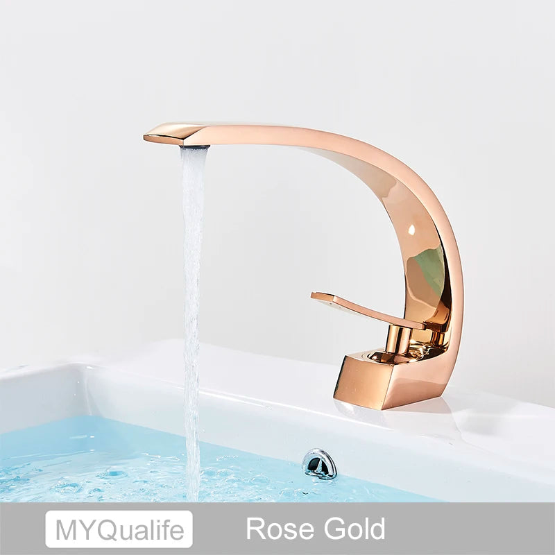 MYQualife Creative Design Brushed Gold Basin Faucet  Washing Basin Mixer Deck Mounted Cold and Hot Bathroom Faucet