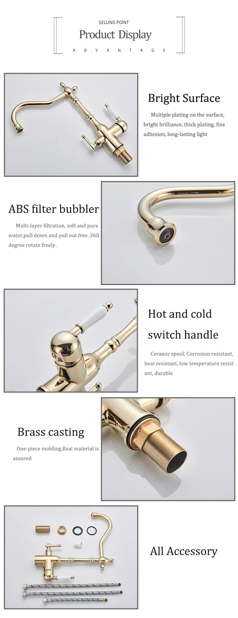 Golden Kitchen Filter Faucet Brass 360 Rotation Purification Kitchen Faucet Double Handle Dual Water Mode Hot Cold Mixer Taps