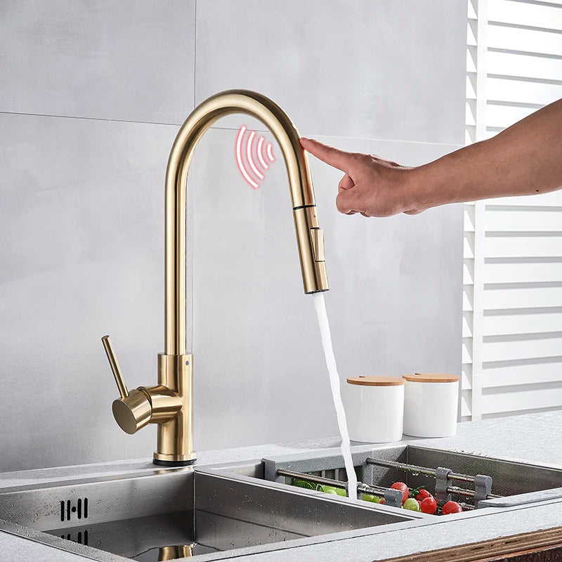Brushed Smart Touch On Kitchen Faucet Sensor 360 Rotation Pull Out Single Handle Mixer Tap Two Water Modes Sink Crane Hot Cold