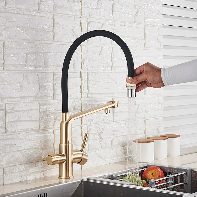 Brushed Golden Kitchen Sink Faucet Pure Water Filter Mixer Crane Dual Handle Pull Down Purification Kitchen Hot Cold Water Tap