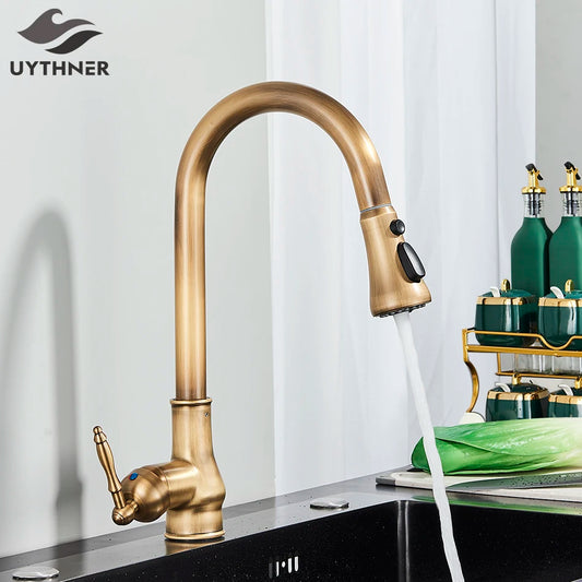 Uythner Antique Brass Kitchen Faucet Pull Out Kitchen Sink Water Taps Single Handle Mixer Tap 360 Rotation Cranes Deck Mounted