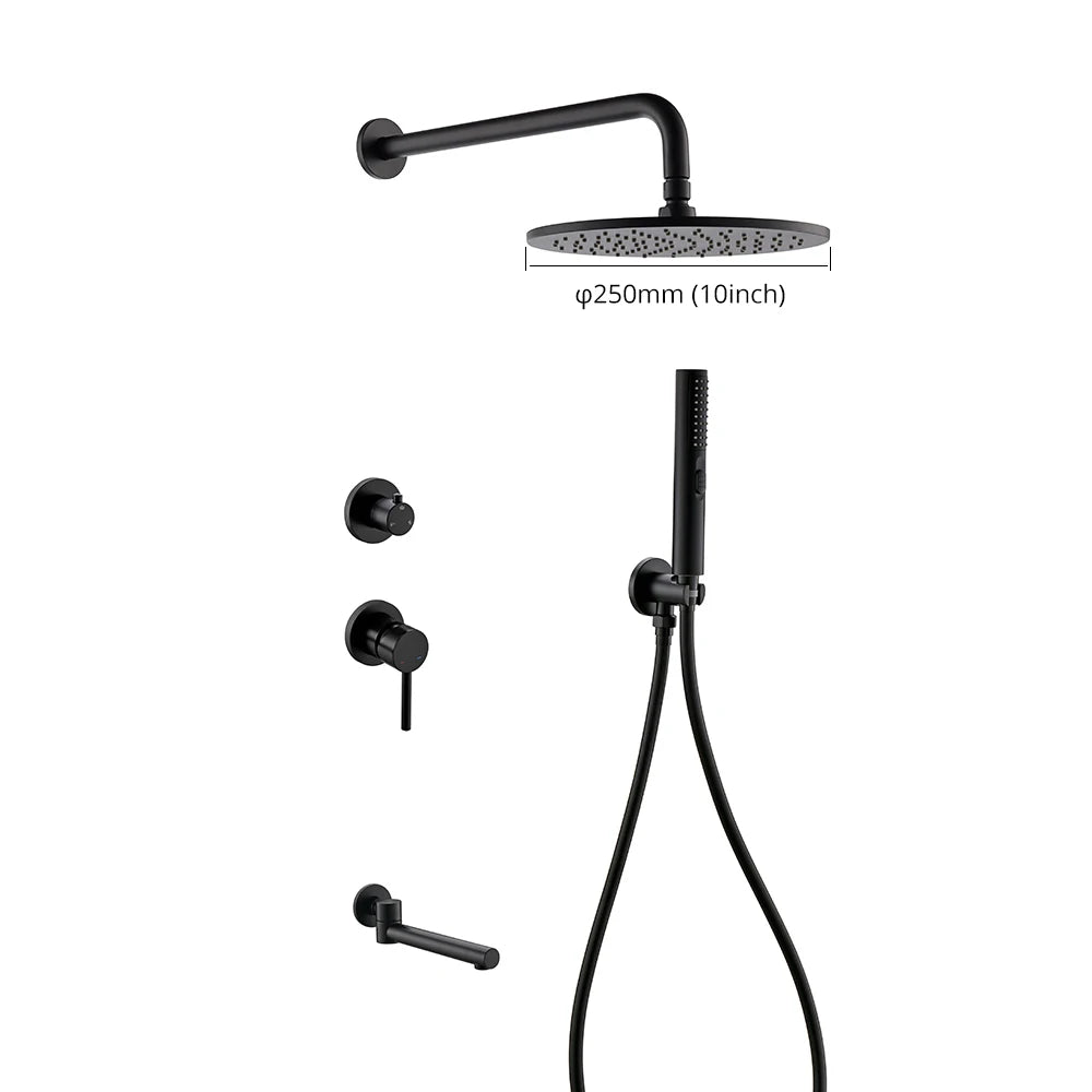 Bagnolux Brass Matte Black Wall Embed Mount 3-Function Concealed Shower System 10 Inch Top Rain Spray Bathroom Faucet