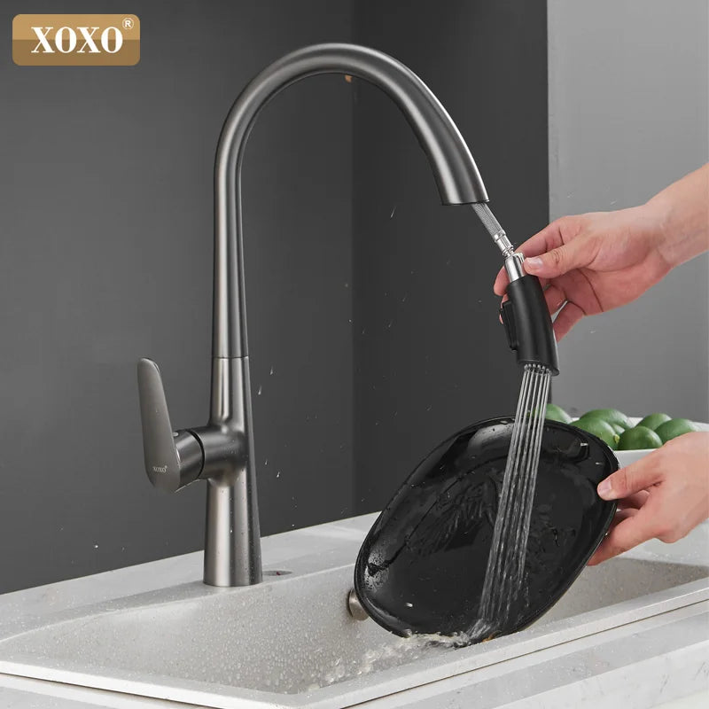 XOXO Kitchen Faucets Black Single Handle Pull Out Kitchen Tap Single Hole Handle Swivel 360 Degree Water Mixer Tap 83042QH