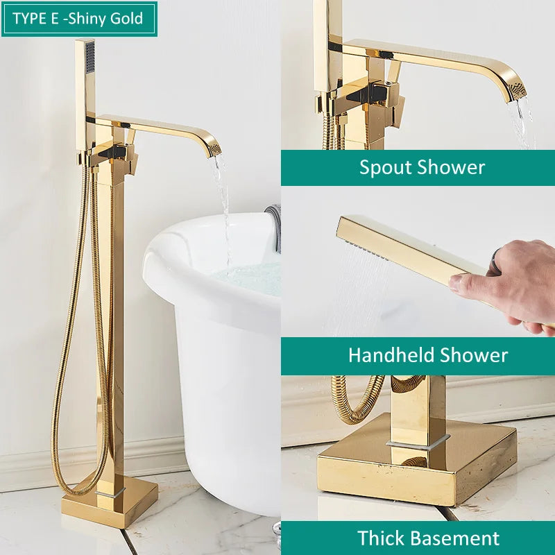 Quyanre Matte Black Square Bathtub Shower Faucets Floor Standing Faucet Hot Cold Water Shower Mixer Tap Bathroom Waterfall Mixer
