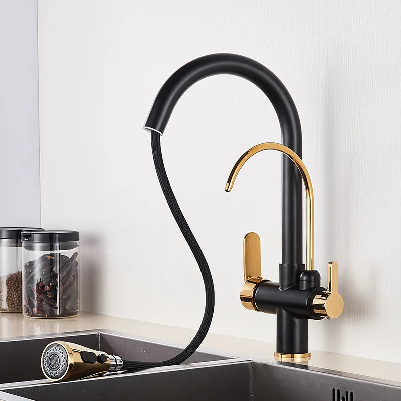 Black Gold Pure Water Faucet Spout Pull Out Dual Water Modes Kitchen Purification Sink Faucet  Kitchen Filtered Crane