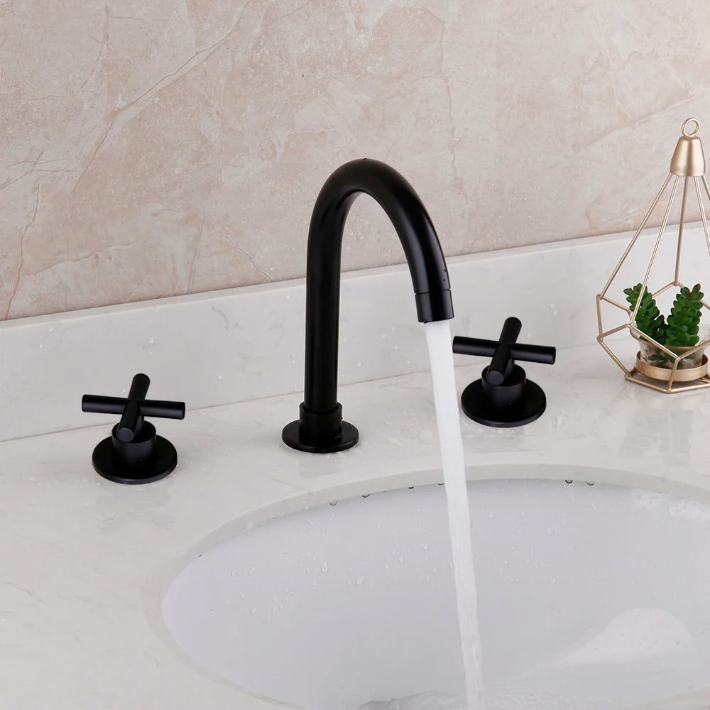 OUBONI Matte Black Bathtub Faucet Set Swivel 3 Pcs 2 Handles Bathroom Basin Sink Solid Brass Faucet Mixer Tap