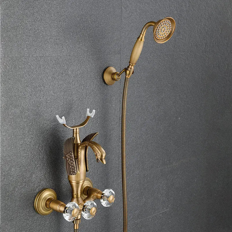 Luxury Golden Bathroom Swan Bathtub Faucet Wall Mounted Cold Hot Water Bath Shower Mixer Tap Brass Handshower Crystal handwheel