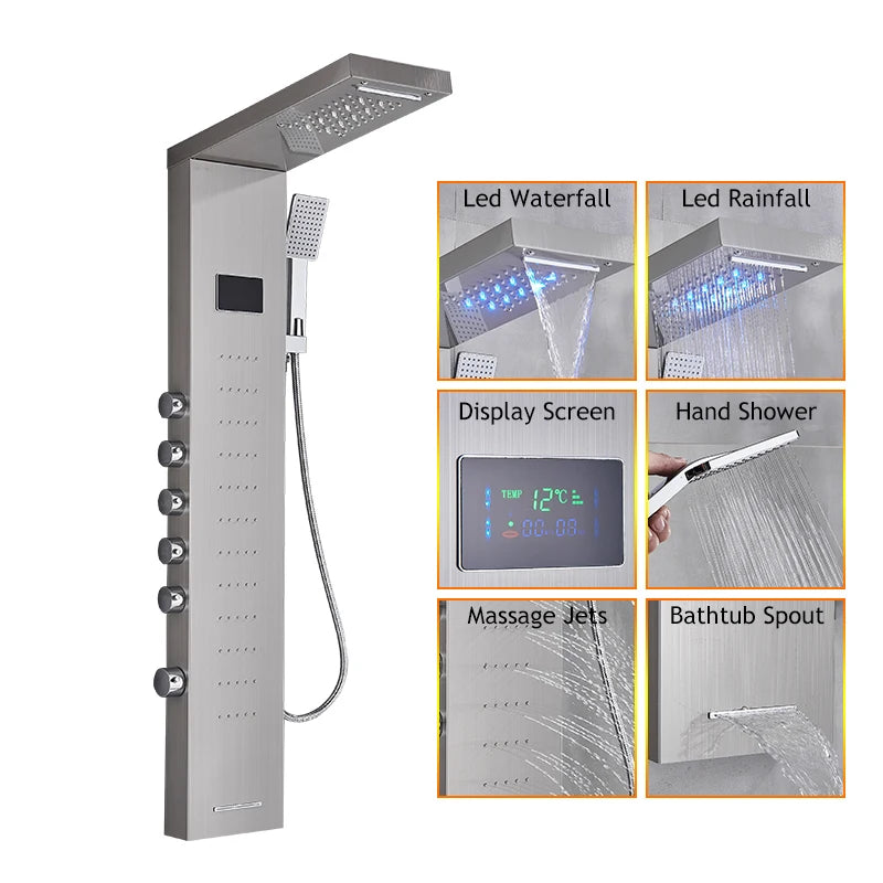 Bathroom LED Rain/Waterfall Head Shower Panel Digital Display Screen Massage Jets Waterfall Bath Tub Spout Shower Column