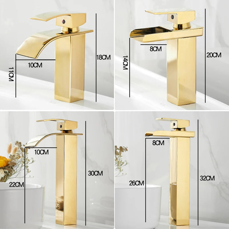 Basin Faucet Gold Waterfall Faucet Bathroom Faucet Deck Mounted Bathroom Toilet Basin Faucet Mixer Tap Hot and Cold Sink Faucet