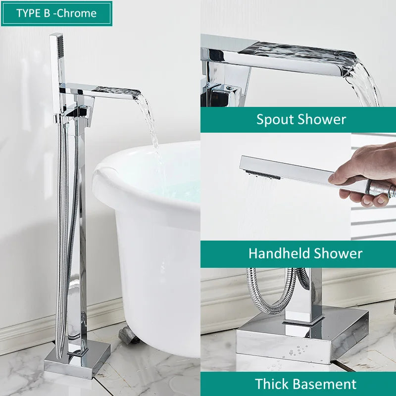 Quyanre Matte Black Square Bathtub Shower Faucets Floor Standing Faucet Hot Cold Water Shower Mixer Tap Bathroom Waterfall Mixer