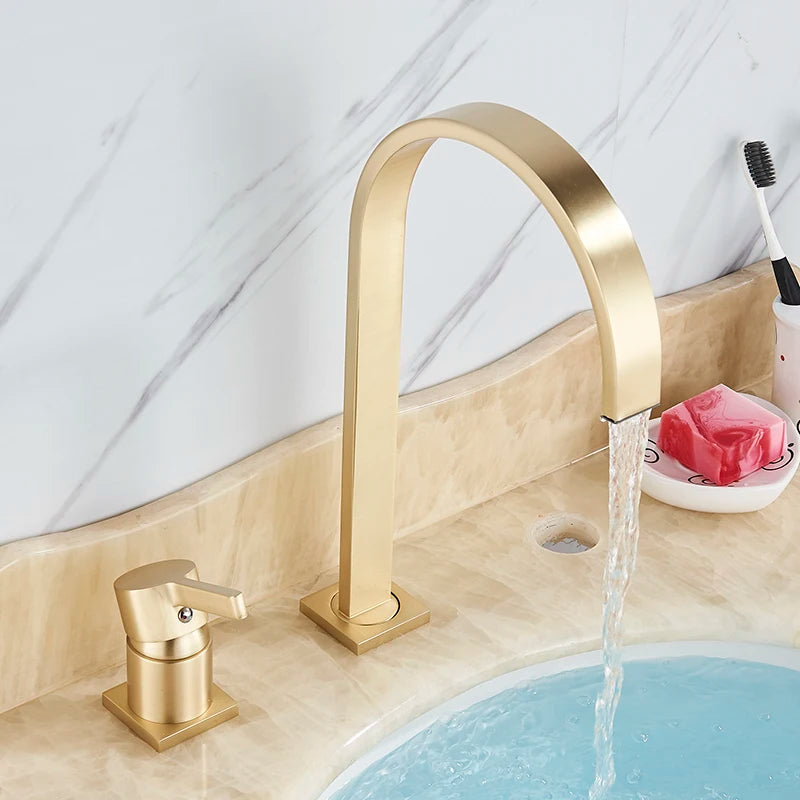 SHBSHAIMY Brushed Golden Basin Faucet Single Handle Widespread Sink Faucet Bathroom Mixer Tap Wide Spout Vessel Hot Cold Water