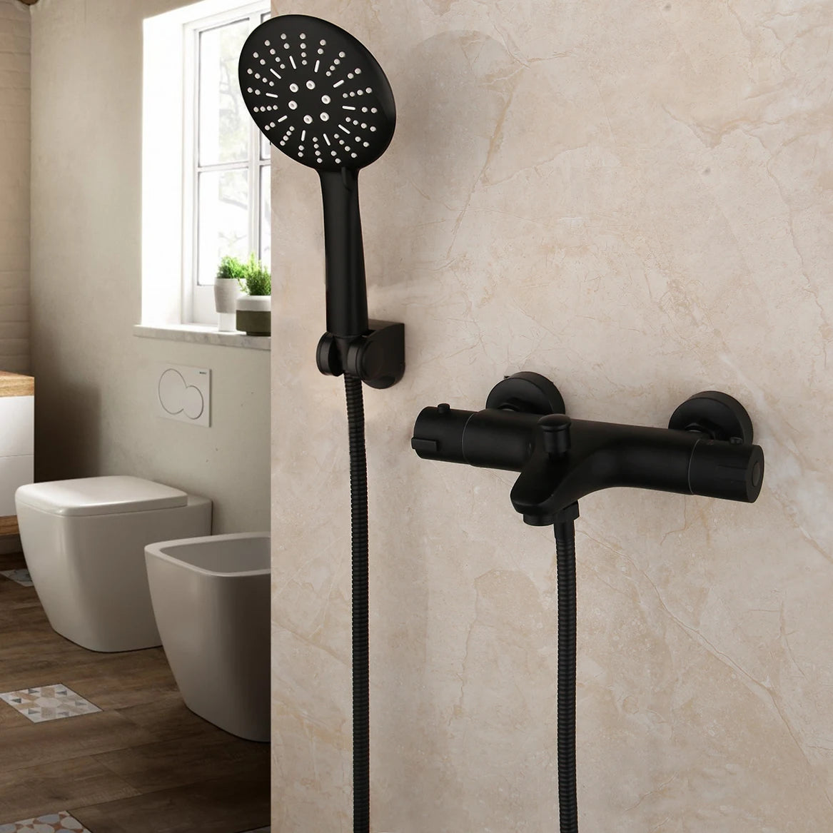 Monite Wall Mounted Thermostatic Mixer Taps Matte Black Shower Faucet Set Exposed Bathtub Basin Sink Faucet Hand Shower Set