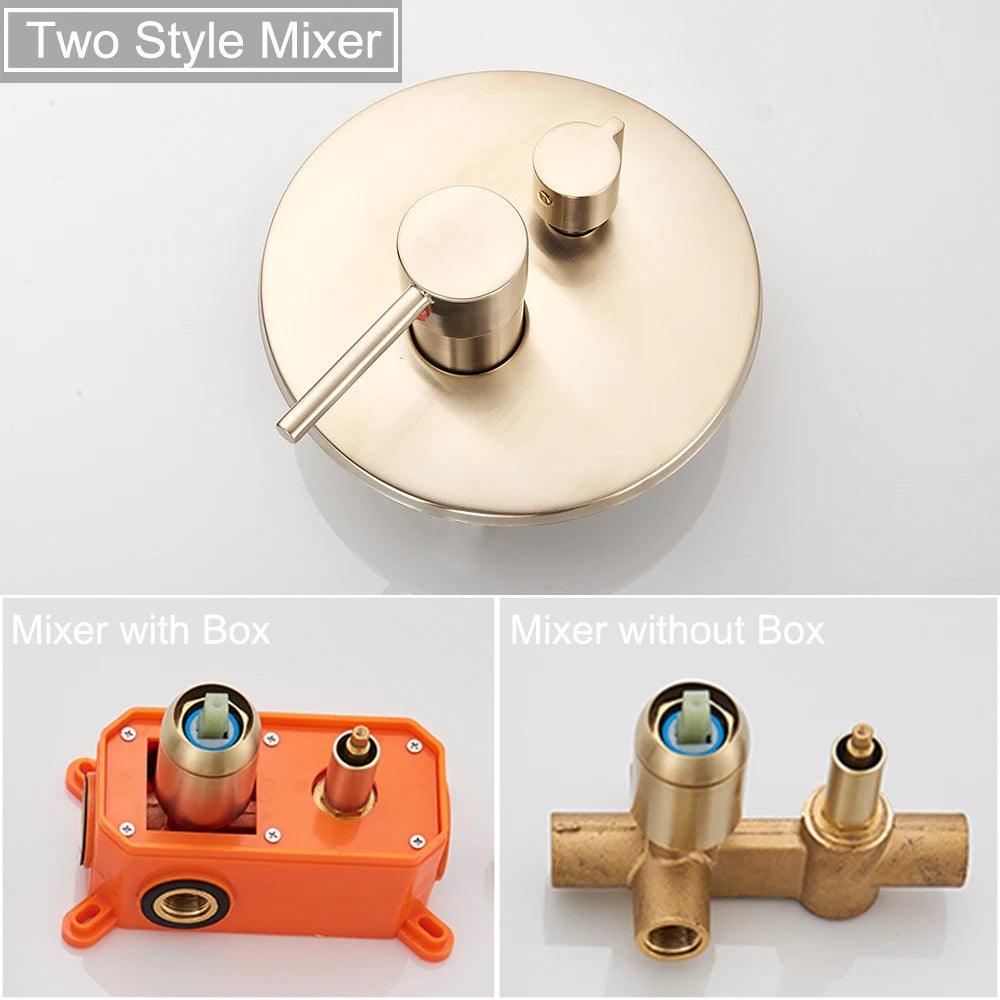 Brushed Gold Shower Faucet Set Round Brass Bathroom Wall Mount Rotate Tub Spout  Rainfall Head 3 Ways Mixer Tap