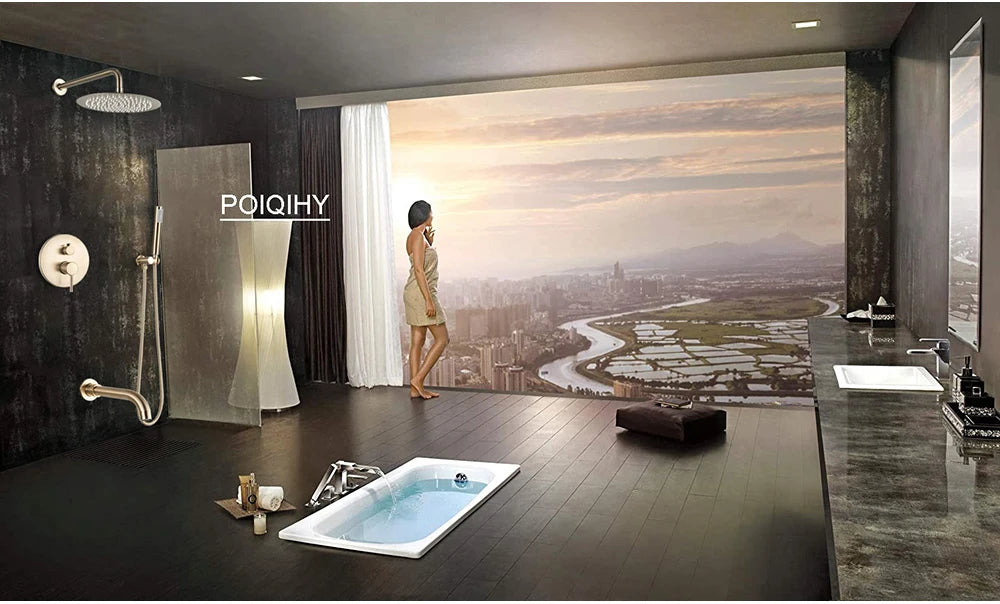 POIQIHY Brushed Gold Shower Faucet Embedded In Shower Mixer Tap Wall Mounted Bathroom Rainfall Shower Tap Set Brass 3-ways