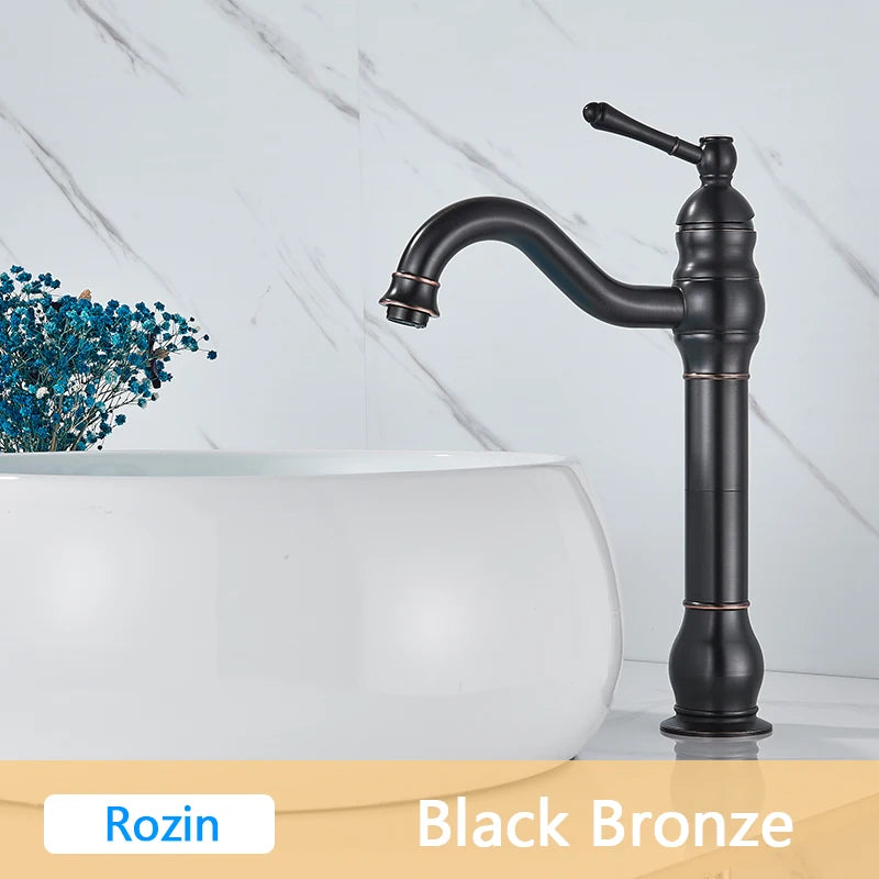 Rozin Antique Brass Basin Faucet 5 Colors Deck Mounted Single Handle Bathroom Crane Long Spout Lavatory Sink Hot Cold Mixer Tap