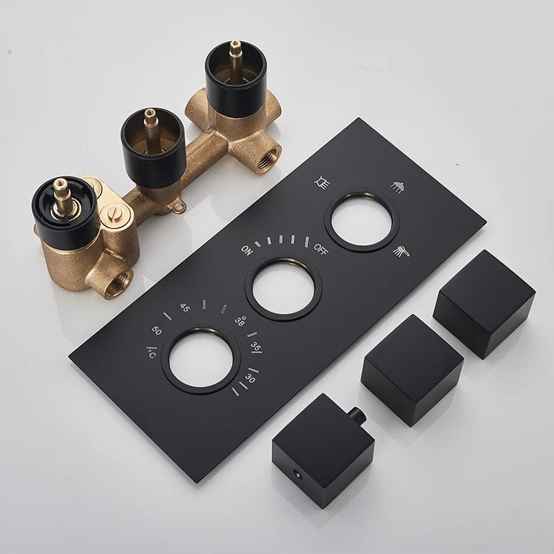Quyanre Black Thermostatic Shower Faucets Set Rain Waterfall Shower Head With 3-way Thermostatic Mixer Tap Bath Shower Faucet