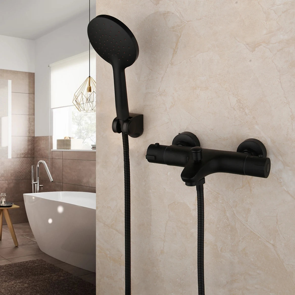 Monite Wall Mounted Thermostatic Mixer Taps Matte Black Shower Faucet Set Exposed Bathtub Basin Sink Faucet Hand Shower Set