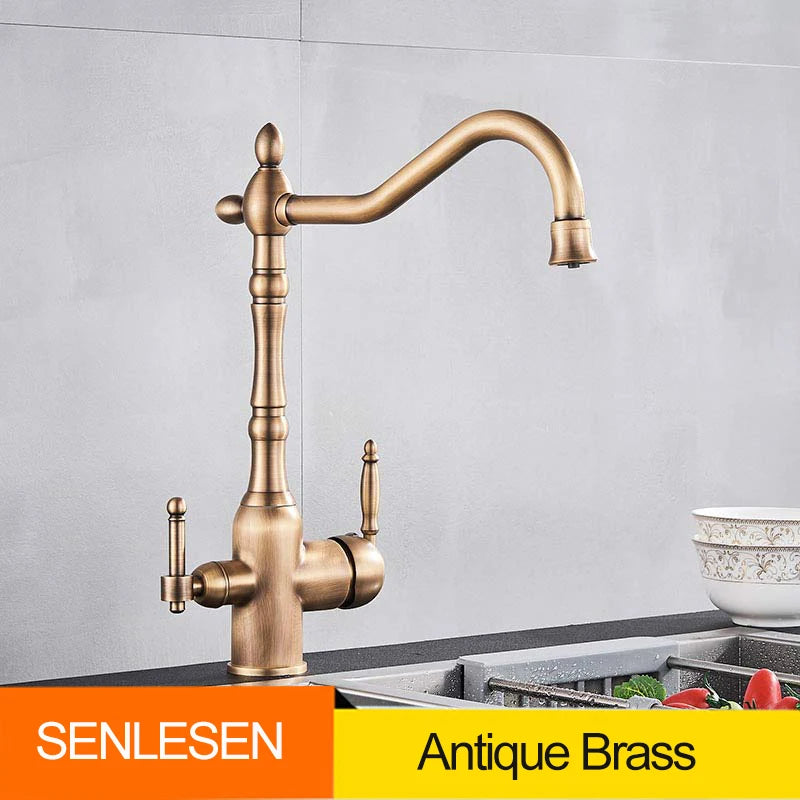 Golden Kitchen Filter Faucet Brass 360 Rotation Purification Kitchen Faucet Double Handle Dual Water Mode Hot Cold Mixer Taps