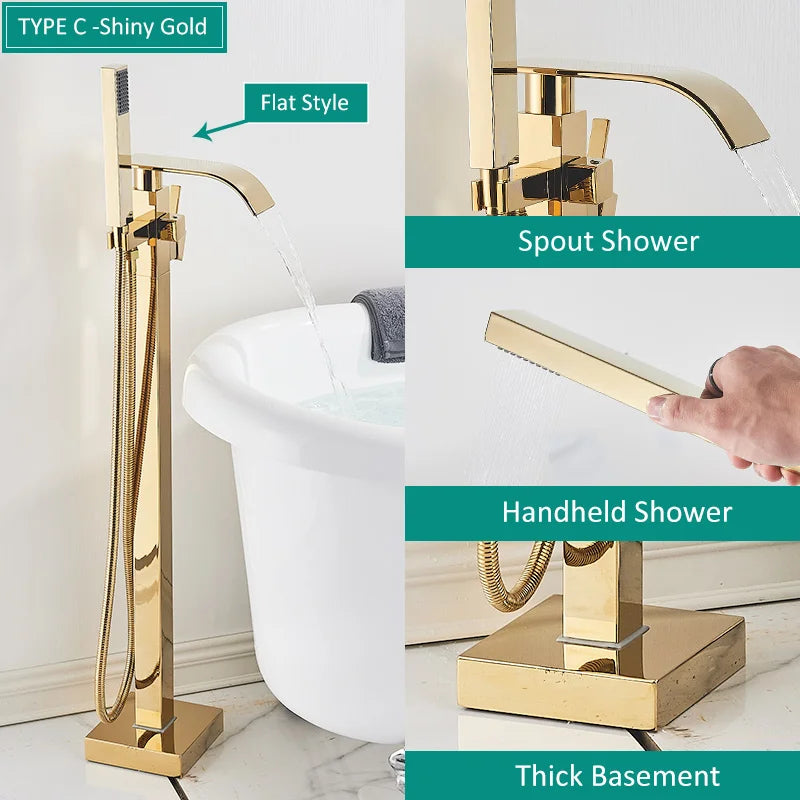 Quyanre Matte Black Square Bathtub Shower Faucets Floor Standing Faucet Hot Cold Water Shower Mixer Tap Bathroom Waterfall Mixer