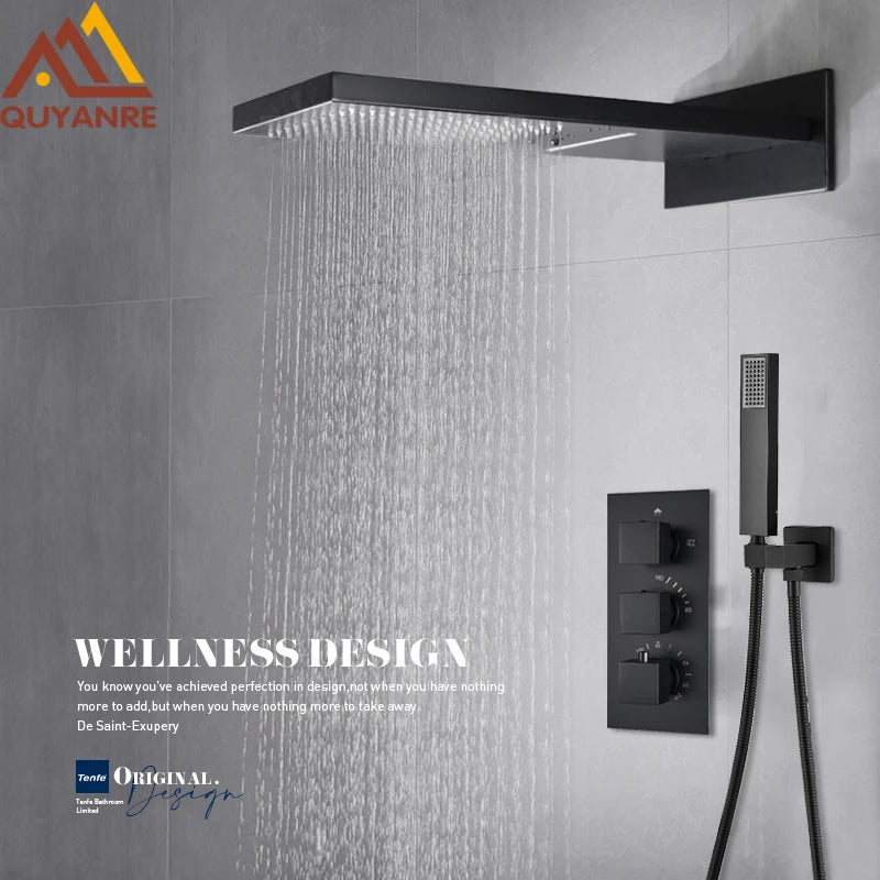 Quyanre Black Thermostatic Shower Faucets Set Rain Waterfall Shower Head With 3-way Thermostatic Mixer Tap Bath Shower Faucet