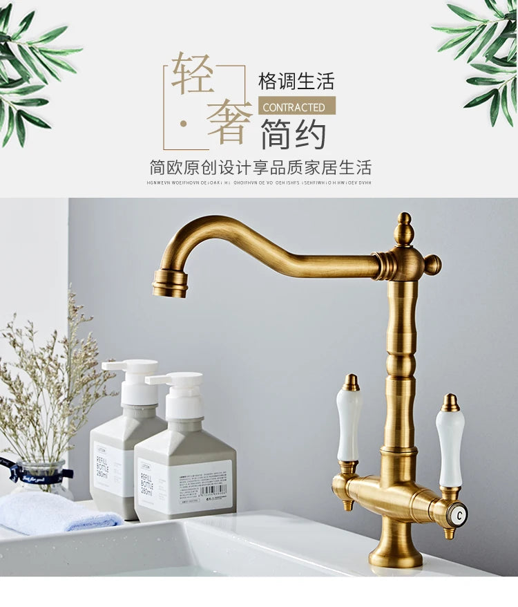 Faucet for Kitchen Dual Handle Antique Brass Retro Faucet 360 Degree Rotation Kitchen Sink Taps Deck Mounted Bathroom Sink Mixer