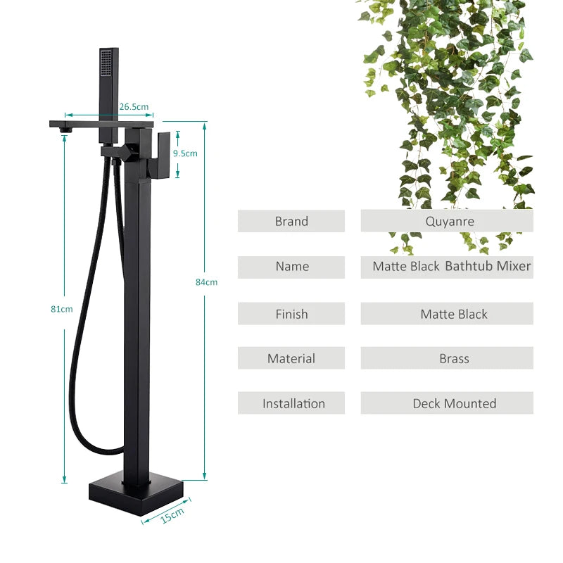 Quyanre Matte Black Square Bathtub Shower Faucets Floor Standing Faucet Hot Cold Water Shower Mixer Tap Bathroom Waterfall Mixer