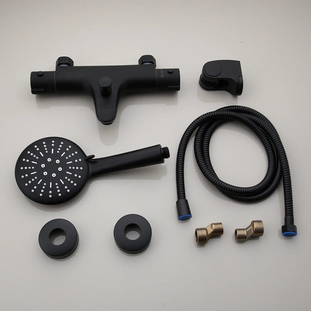 Monite Wall Mounted Thermostatic Mixer Taps Matte Black Shower Faucet Set Exposed Bathtub Basin Sink Faucet Hand Shower Set