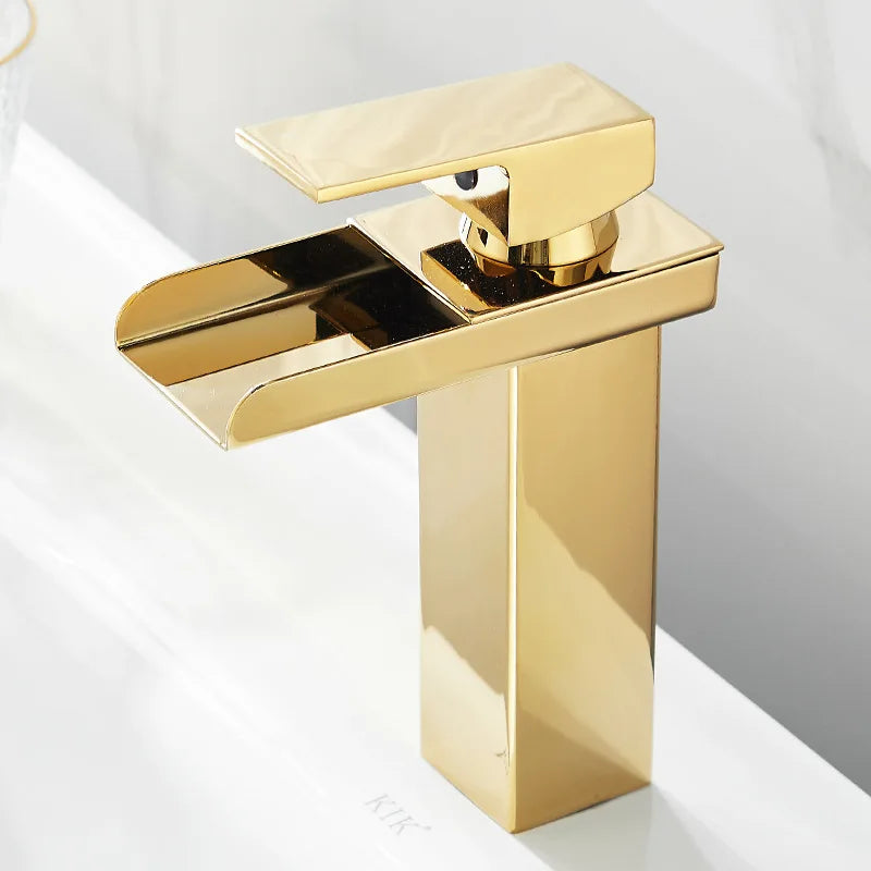 Basin Faucet Gold Waterfall Faucet Bathroom Faucet Deck Mounted Bathroom Toilet Basin Faucet Mixer Tap Hot and Cold Sink Faucet