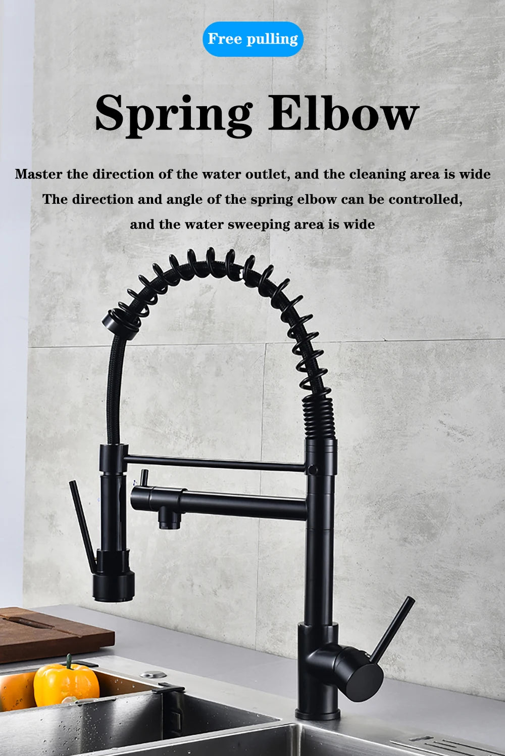 DQOK Black Brushed Spring Pull Down Kitchen Sink Faucet Hot & Cold Water Mixer Crane Tap with Dual Spout Deck Mounted