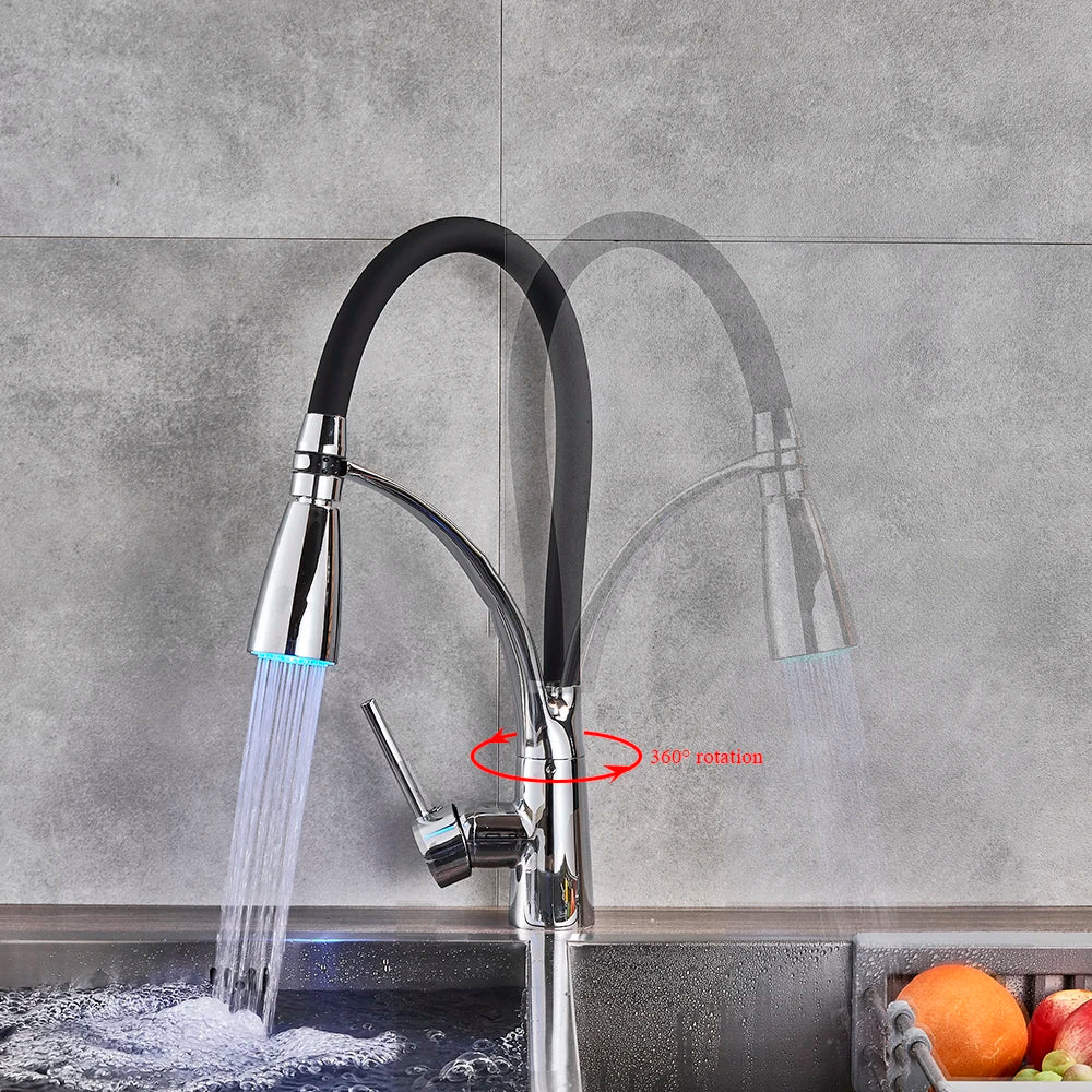 Black LED Kitchen Sink Faucet Swivel Pull Down Kitchen Faucet Sink Tap Mounted Deck Bathroom Mounted Hot and Cold Water Mixer