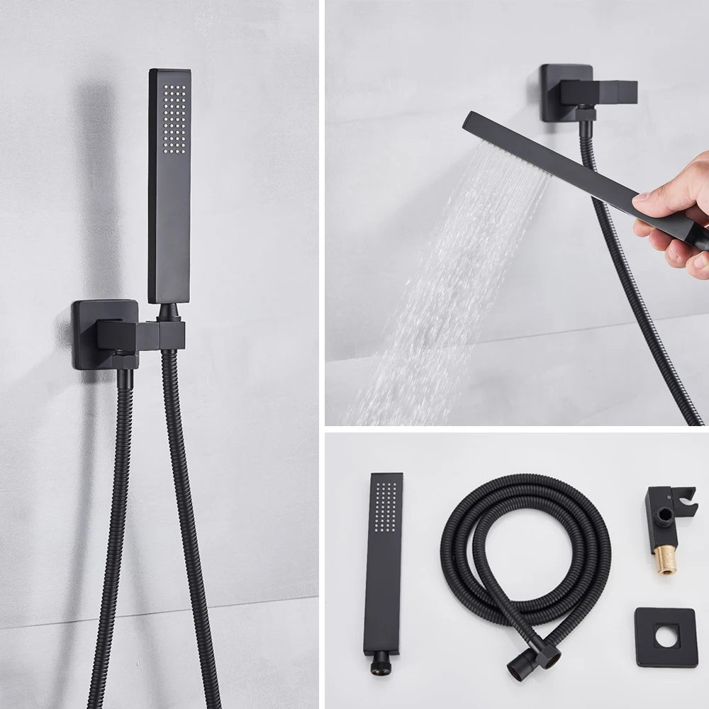 Black Thermostatic Shower Faucets Set Rain Waterfall Shower Head With 3/4-way Thermostatic Mixer Tap Bath Shower Faucet