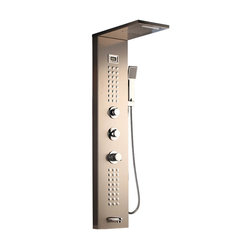 JIENI Brushed Nickel Wall Mounted Bathroom Shower Column 3 HandleS Hand Shower Tub Spout Massage System Bathtub Shower Panel