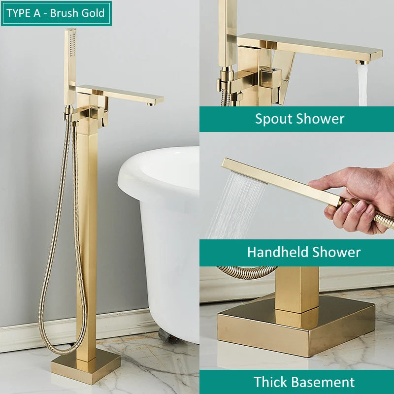 Quyanre Matte Black Square Bathtub Shower Faucets Floor Standing Faucet Hot Cold Water Shower Mixer Tap Bathroom Waterfall Mixer