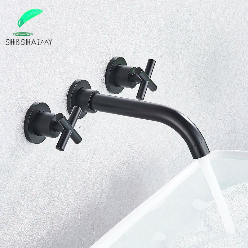 SHBSHAIMY Gold/Chrome Bathroom Basin Faucets Wall Mount Dual Handles Mixer Tap 360 Rotation Black Water Crane Tap Basin Mixer