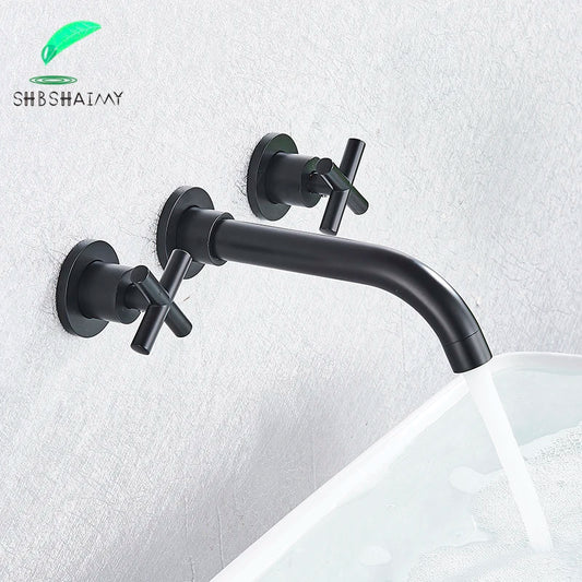 SHBSHAIMY Gold/Chrome Bathroom Basin Faucets Wall Mount Dual Handles Mixer Tap 360 Rotation Black Water Crane Tap Basin Mixer