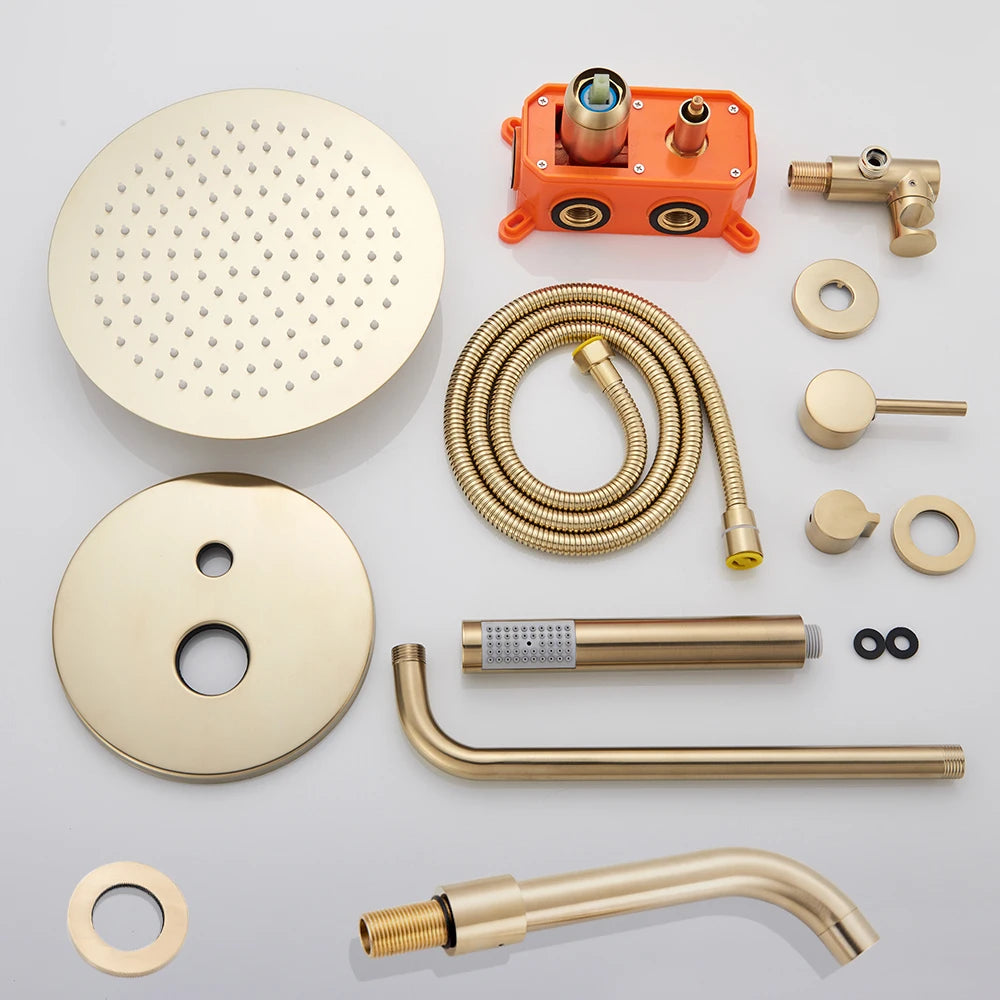 POIQIHY Brushed Gold Shower Faucet Embedded In Shower Mixer Tap Wall Mounted Bathroom Rainfall Shower Tap Set Brass 3-ways