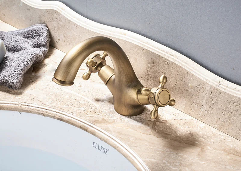 Rozin Dual Handle Basin Vessel Sink Faucet Deck Mounted Antique Brass Bathroom Washing Basin Faucet Hot and Cold Water Mixer Tap