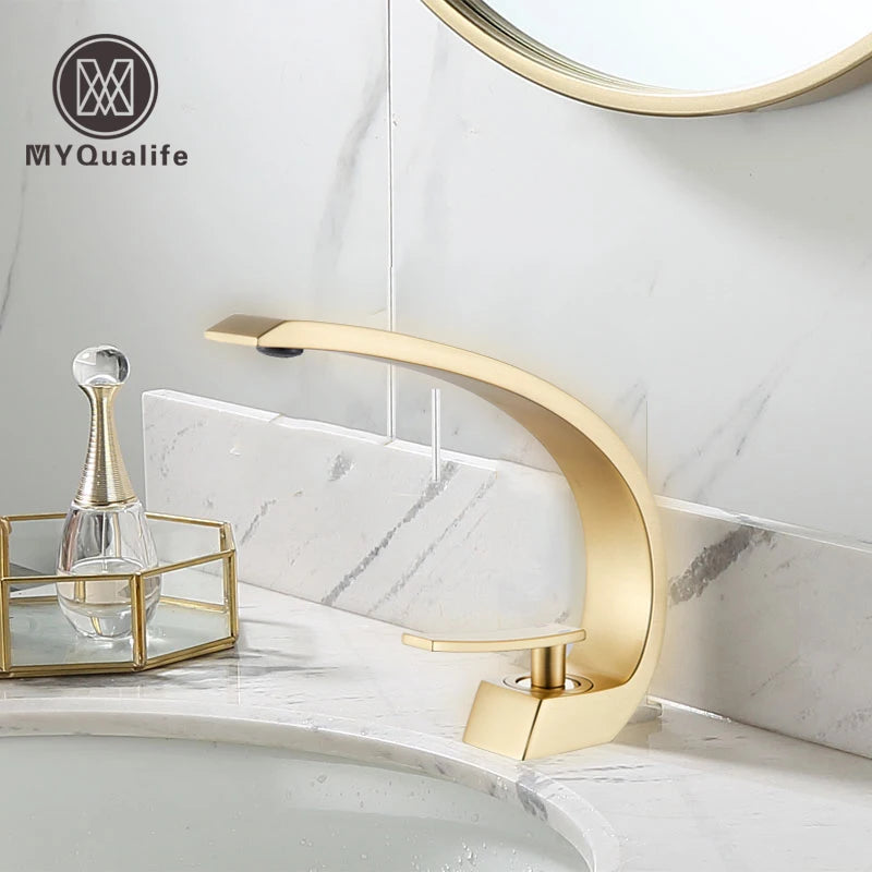 MYQualife Creative Design Brushed Gold Basin Faucet  Washing Basin Mixer Deck Mounted Cold and Hot Bathroom Faucet