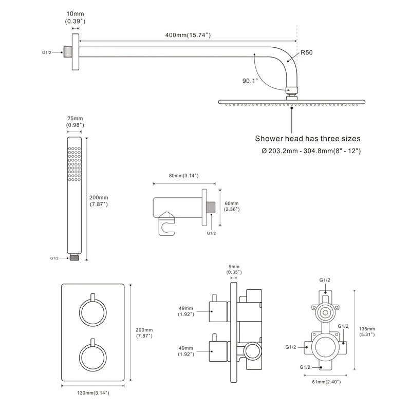 Brushed Gold  Thermostatic Mixer Diverter Set Bath Bathroom Shower Head Rianfall Luxury Combo Faucet Wall Mount Arm