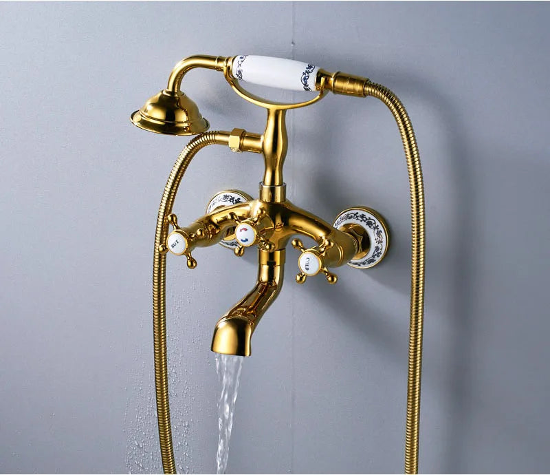 Rozin Retro Style Brass Bathtub Shower Faucet Set Dual Knobs Wall Mounted Bathtub Mixer with Handshower and Swivel Tub Spout Tap