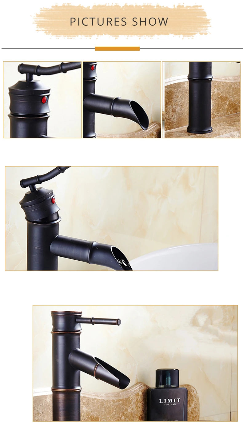 ZGRK Black Waterfall Bathroom Sink Faucet Vessel Tall Bamboo Water Tap Retro Brass Basin Faucets Single Hole Sink Mixer Tap
